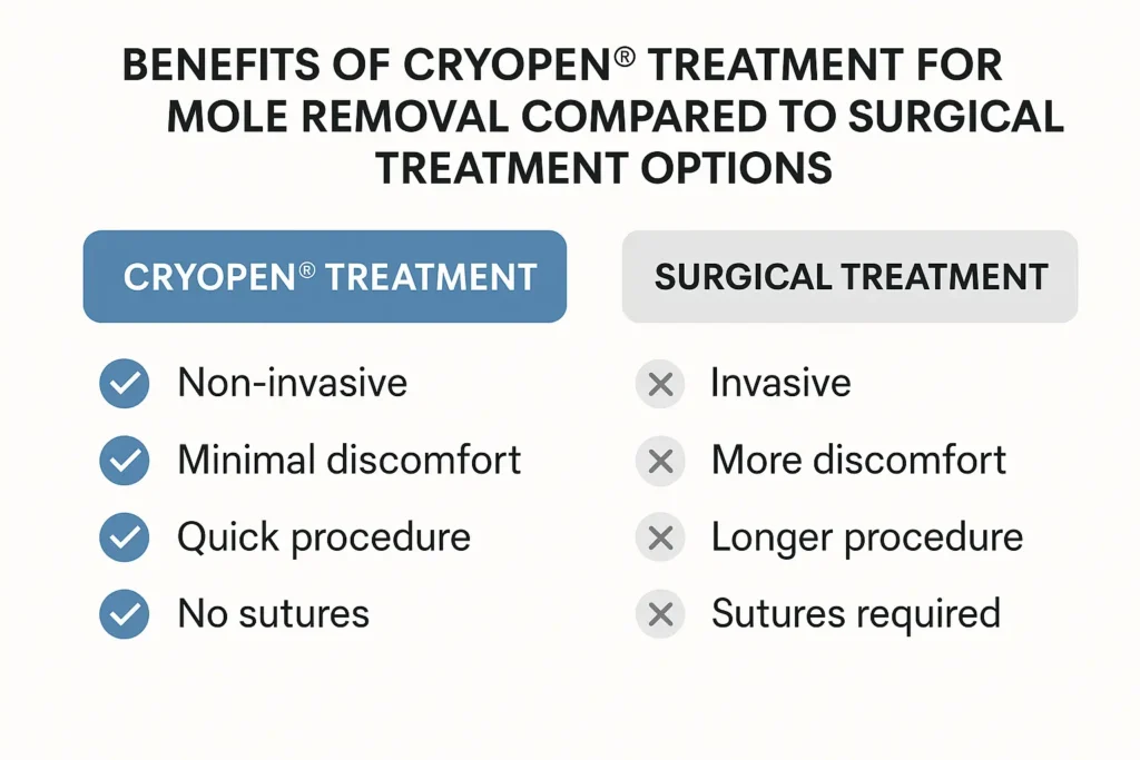 Table to show the benefits of getting moles removed Newbury from LA LIPO