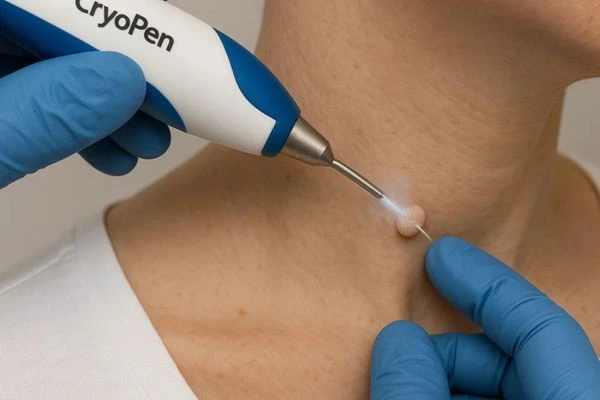 Person receiving cryotherapy Newbury for skin tag removal