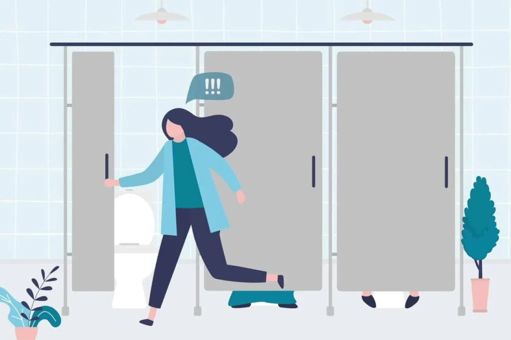 graphic of Urine incontinence Newbury woman running to the toilet.