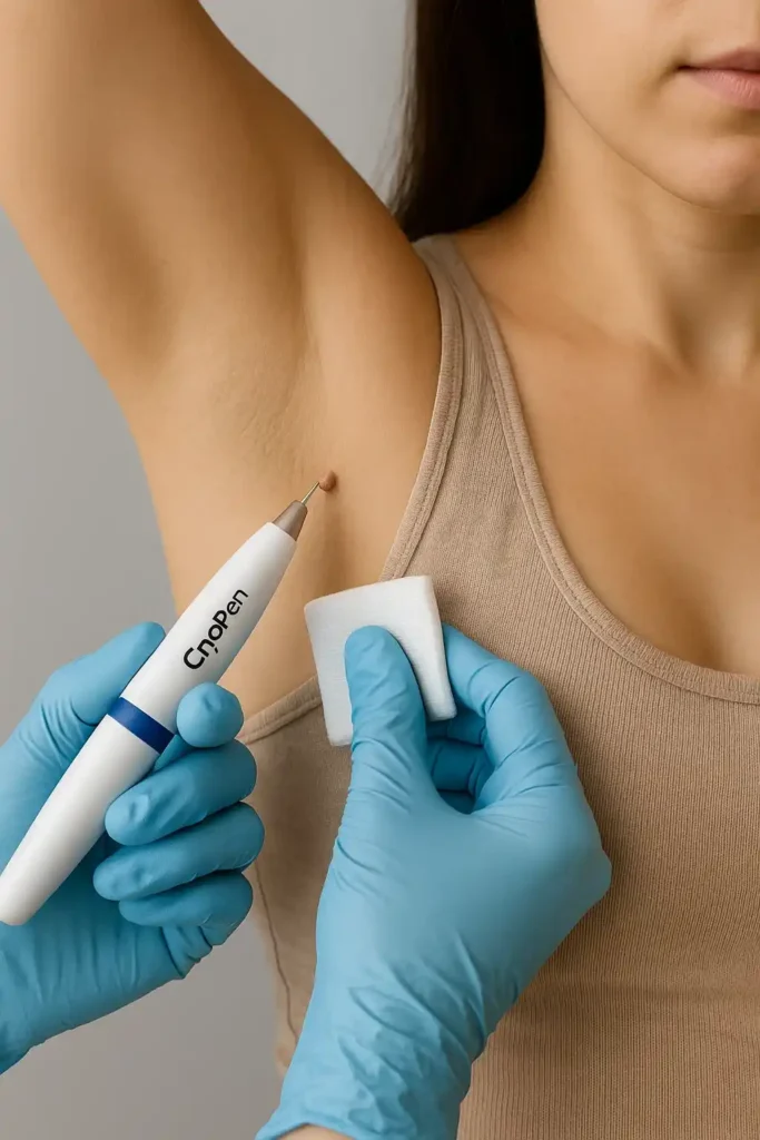woman having cryopen to remove underarm skin tags Newbury