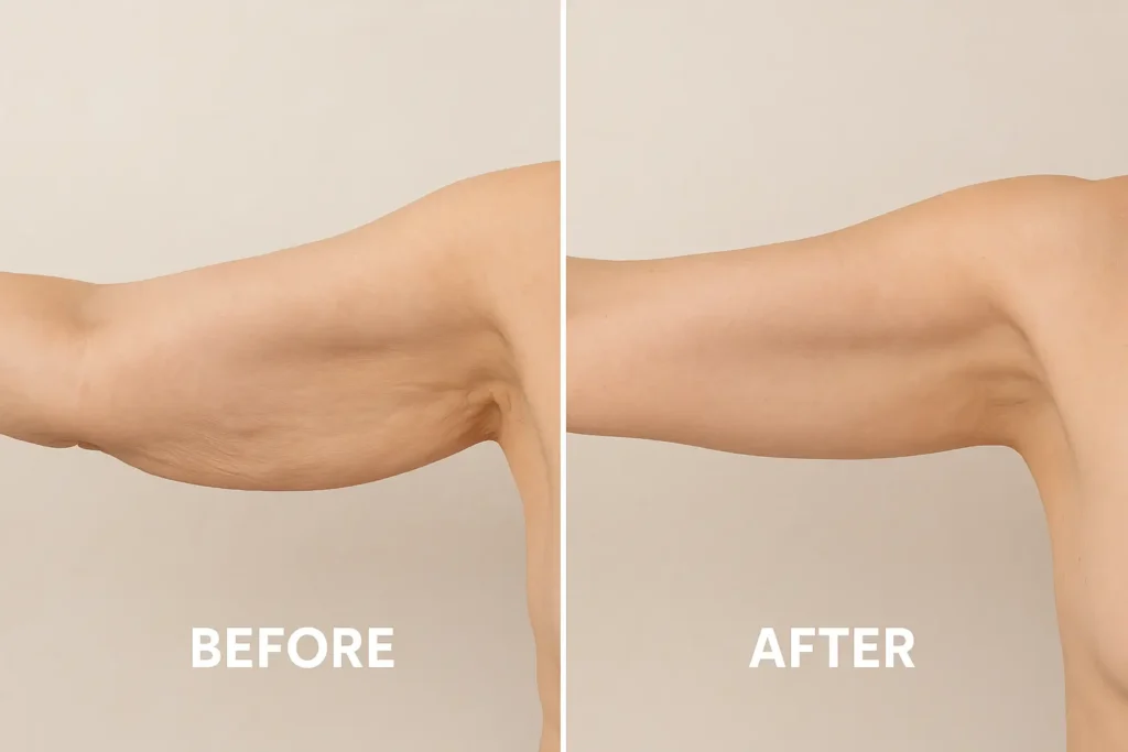 Picture of LA LIPO Newbury before and after results of skin tightening treatment on the upper arms.