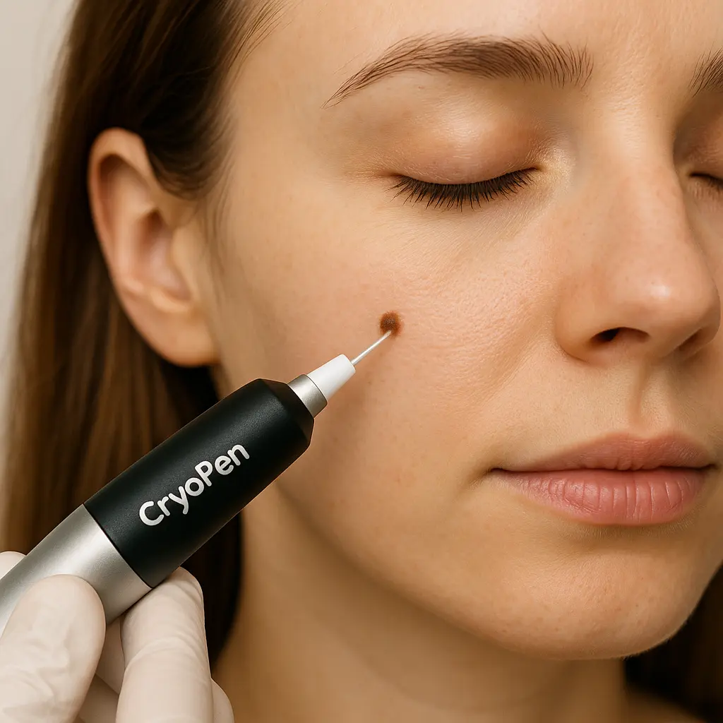 woman receiving facial mole removal Newbury using cryopen