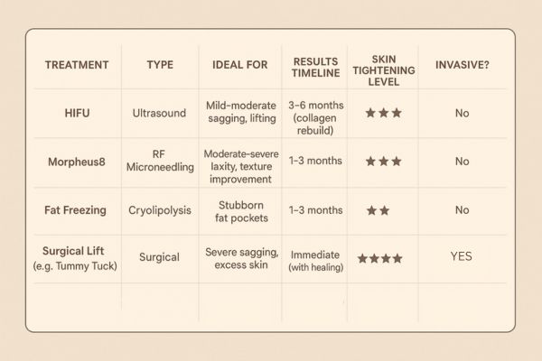Table showing the comparisons of Skin tightening Newbury treatment options.